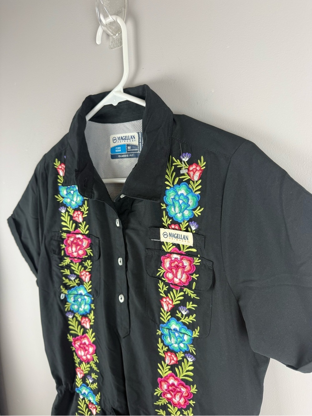 Magellan Outdoors Black Floral Embroidered Midi Dress SZ M Moisture Wicking